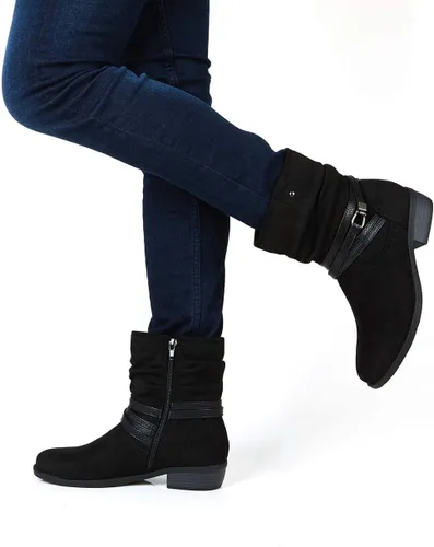 Vista 6 de VJH confort Botas de media pantorrilla para mujer, puntera redonda, tacón bajo, cómodo, holgado, con correa de hebilla y cremallera lateral