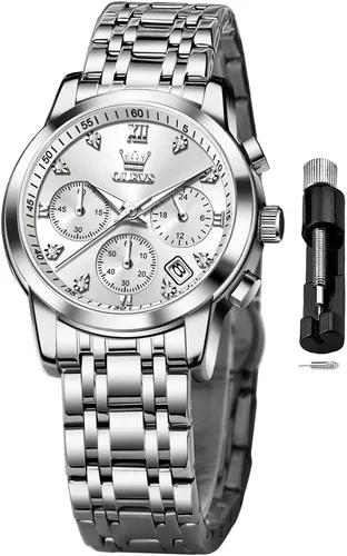Vista 11 de OLEVS Reloj multifuncional de dos tonos para mujer, reloj analógico de cuarzo para mujer, de acero inoxidable, resistente al agua, con diamantes