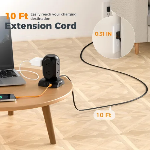 Vista 2 de Protector de sobretensiones negro en torre, TESSAN - Cable de extensión con enchufe plano de 10 pies con 8 salidas de CA y 4 puertos USB (1 USB C)