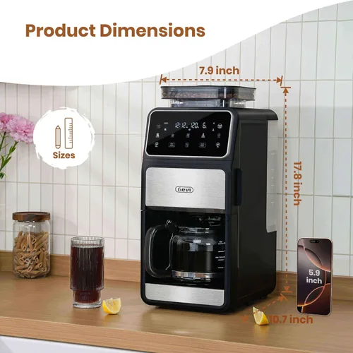 Vista 6 de Gevi Cafetera de goteo de 10 tazas con molinillo integrado, máquina de café combinada de moler y preparar rebabas con pantalla táctil, programable