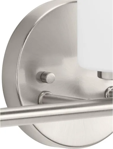 Vista 8 de Progress Lighting Lámpara moderna de tocador de baño de cristal blanco grabado con 4 luces, colección Replay, níquel cepillado (P2160-09)
