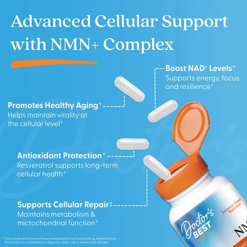 Vista 3 de Doctor's Best Cápsulas de suplemento complejo NMN+ para mujeres y hombres - Apoya la producción de NAD+, resveratrol 100 mg y beta nicotinamida