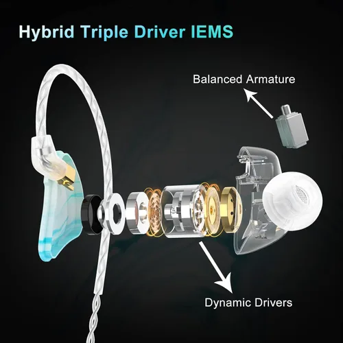 Vista 2 de BASN MMCX - Auriculares intraurales con monitor de oído, auriculares IEM de triple driver para músico y baterista, auriculares estéreo HiFi