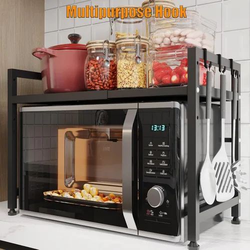 Vista 5 de Soporte extensible para horno de microondas, estante ajustable para microondas, estante para tostadora, estante resistente, organizador de encimera