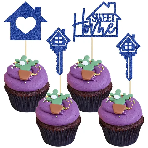 Vista 17 de Gyufise Paquete de 24 adornos para cupcakes Sweet Home con purpurina para inauguración de la casa, para bienvenida, nuevo hogar, fiesta temática