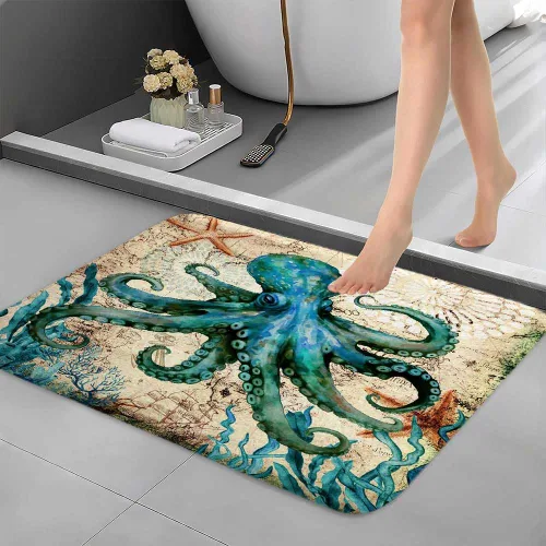 Vista 2 de Boziqr Alfombra de baño náutica vintage de pulpo, alfombra de baño retro océano playa, absorbente de agua, antideslizante, alfombra de ducha