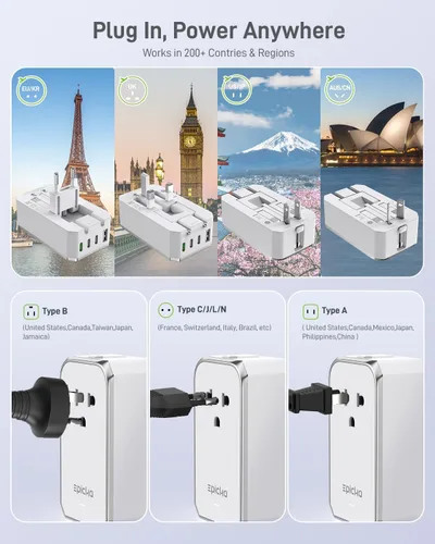 Vista 5 de EPICKA Adaptador de viaje universal Air 20W PD&QC con 1AC/3USB-C/1USB-A Adaptador de enchufe de tamaño compacto y delgado para EE. UU., UE, Reino