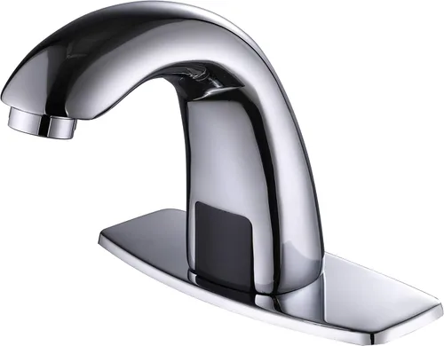 Vista 9 de Charmingwater Grifo de lavabo de baño sin contacto, grifo con sensor automático de movimiento con placa de cubierta de agujero, oro cepillado