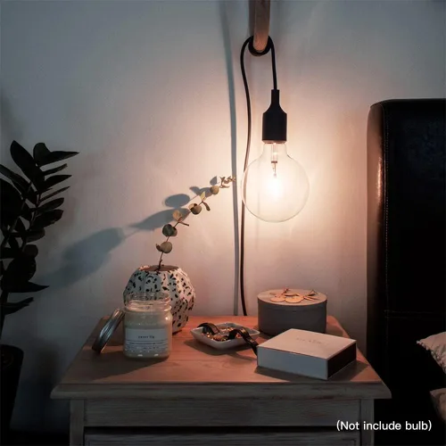 Vista 4 de Cable de luz colgante de 15 pies con enchufe, cable de extensión negro E26 Plug In Pendant Light Socket, Light Bulb Socket With On Off Switch, E27