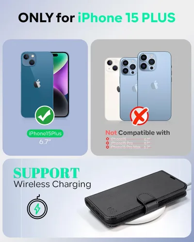 Vista 2 de OCASE Funda tipo cartera compatible con iPhone 15 Plus, de piel sintética, con tarjetero, bloqueo RFID, soporte para teléfono