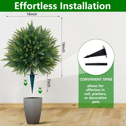 Vista 6 de Yangrass 4 árboles de bolas de cedro artificial de 23 pulgadas para exteriores con pico de tierra, cipreses artificiales resistentes a los rayos UV