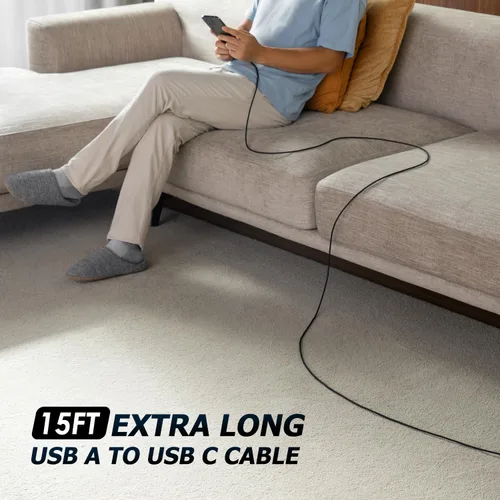 Vista 6 de Cable USB a USB C extralargo de 15 pies, cargador USBC tipo C cable de carga rápida Negro