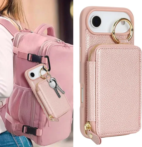 Vista 3 de Funda compatible con iPhone Air Wallet con tarjetero para iPhone Air, funda con cremallera y ranura para mujer, 5G de 6.5 pulgadas, color oro rosa