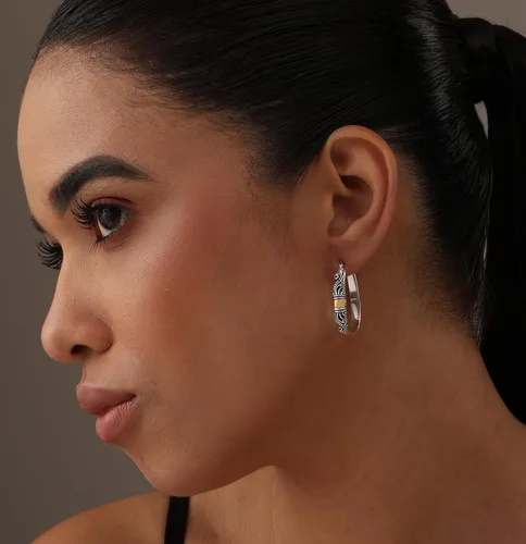 Vista 2 de LeCalla Aretes de aro de plata de ley 925 estilo Bali, ligeros, con cierre de clic, antiguos, de dos tonos, estilo italiano Bali, para mujer