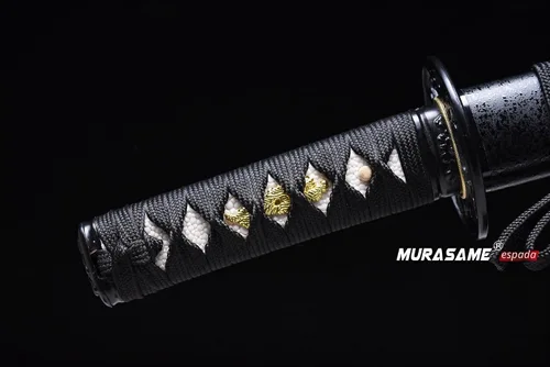 Vista 3 de MURASAME Espada Tanto Katana Corta de Arcilla Templada Acero T10 Hamon Real Muy Afilar Espiga Completa Hecha a Mano Negro-Shinogi
