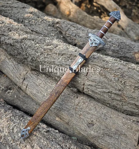 Vista 6 de Espada vikinga, 101.6 cm, acero damasquino 1095 de filo completo, vaina de madera, ranuras de sangre, colección de campo de batalla