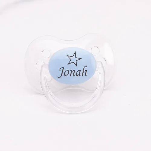 Vista 4 de Chupete personalizado con nombre y diseño de estrella, paquete de 3 unidades con purpurina azul, blanco y azul (0-6 meses), 6-18 meses, niños