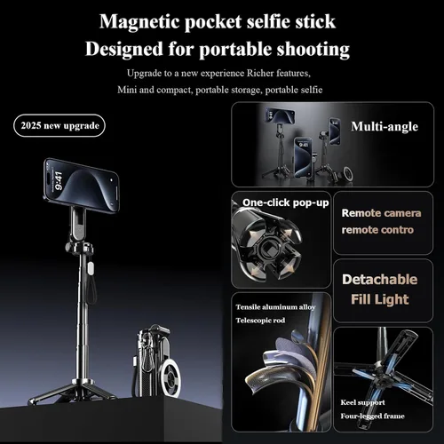 Vista 8 de Palo selfie magnético, 4 en 1 con control remoto, 4.3 pulgadas para vlogging Aluminum Alloy Rod, N52 Magnets, 10m Bluetooth Remote, 360° Rotation