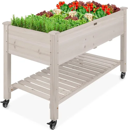 Vista 12 de Best Choice Products Cama de jardín elevada de 48 x 24 x 32 pulgadas, maceta móvil de madera elevada con ruedas bloqueables, estante