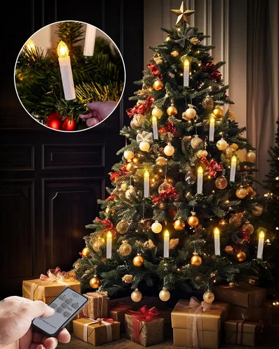 Vista 2 de Homemory 10 velas de clip para árbol de Navidad con control remoto y temporizador, vela LED parpadeante para ventana con clips/ventosas, luz blanca