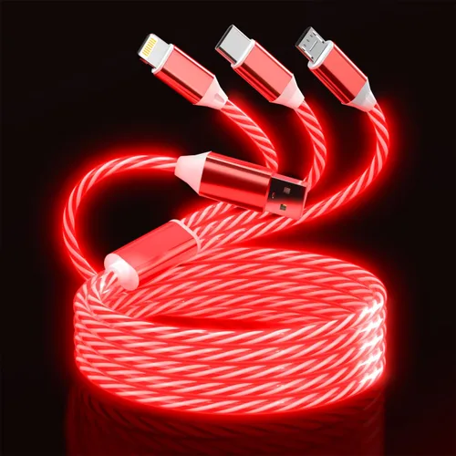 Vista 10 de Cable de carga con luz LED que fluye 3 en 1 Lightning/Type C/Micro USB brillante para automóvil para iPhone, cable de carga para automóvil azul