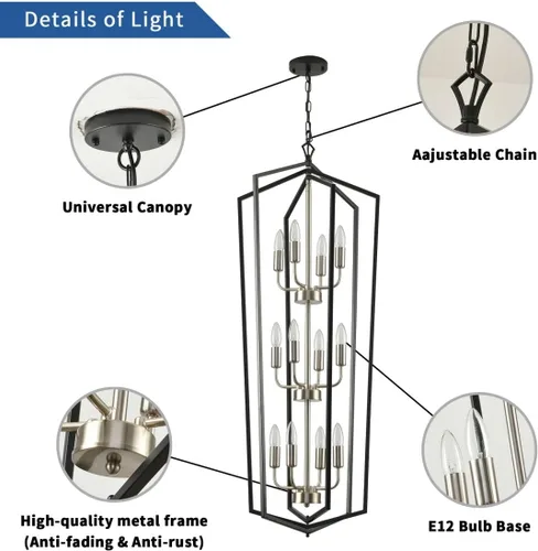 Vista 3 de WJShome Lámpara Colgante de Linterna de 12 Luces, Candelabros de Vestíbulo para Techos Altos, para Entrada, Vestíbulo, Isla de Cocina, Comedor, Sala