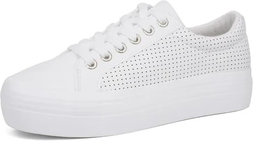 Vista 21 de JABASIC Zapatillas de plataforma con cordones para mujer, zapatillas casuales cómodas de moda para caminar Todo blanco