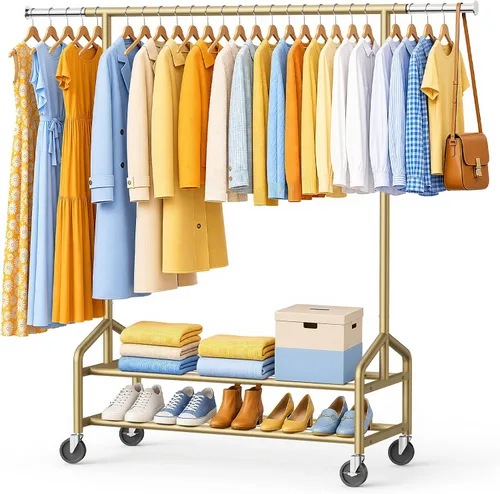 Vista 10 de Heavy Duty Clothes Rack, Rolling Clothing Rack Load 650 LBS for Hanging Clothes with 2 Sturdy Shelves, Metal Garment Rack with Wheels for Bedroom