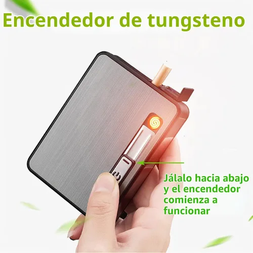 Vista 2 de Estuche para cigarrillos con encendedor, caja de expulsión automática para 10 cigarrillos de tamaño regular, encendedores eléctricos integrados