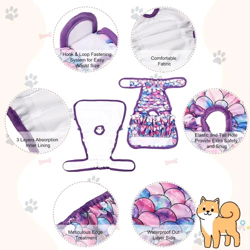 Vista 4 de Paquete de 4 Pañales para Perras Hembras Lavables Pañales para Perros Reutilizables Pañales para Cachorros Altamente Absorbentes Cómodos Pañales