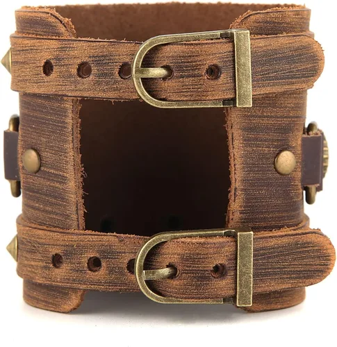 Vista 3 de STWTR Pulsera ancha de cuero con cinturón ancho para hombre, estilo punk, rock, moto, Sin gemas.