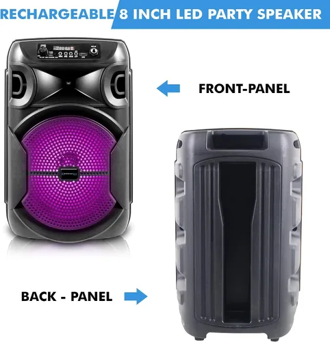 Vista 3 de Technical Pro Altavoz Bluetooth portátil de 800 vatios de 8 pulgadas con woofer y tweeter, altavoz LED PA para festivales con tarjeta Bluetooth/USB
