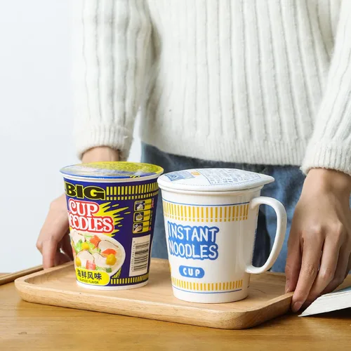 Vista 4 de Cuenco de fideos instantáneos de cerámica con tapa, taza creativa para sopa de ramen, cuenco para almuerzo para estudiantes (color azul, tamaño: S)