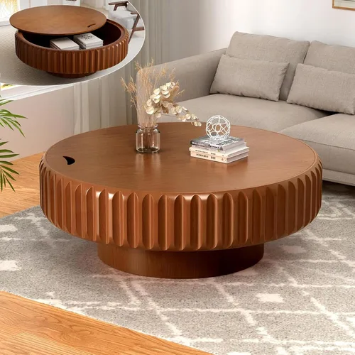 Vista 9 de Mesa auxiliar ovalada con almacenamiento, mesa de centro moderna acanalada de 43.3 pulgadas con tapa extraíble para sala de estar, mesa central