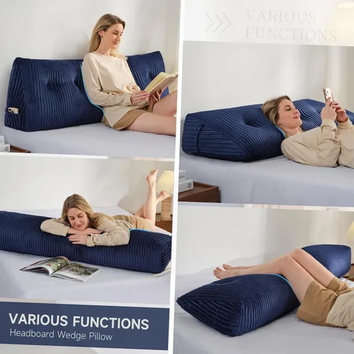 Vista 4 de Z-hom Almohada grande para cabecero tamaño Queen, almohada sin enrollamiento, almohada de cuña para sentarse en la cama, cojín triangular con Azul
