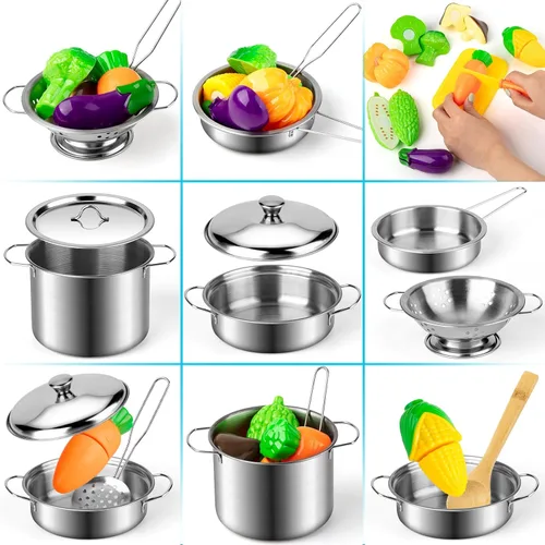 Vista 4 de Juboury Juego de juguetes de cocina con utensilios de cocina de acero inoxidable, utensilios de cocina, delantal y sombrero de chef, cortar verduras