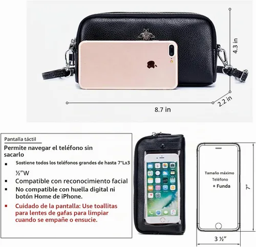 Vista 3 de Cuero genuino pantalla táctil teléfono bolso bolso bolso cartera cartera para mujeres niñas L1- Negro