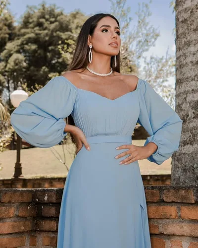 Vista 3 de Yoreuoia Vestido de dama de honor de manga larga para mujer 2023 con hombros descubiertos de gasa formal, vestido de fiesta de noche con abertura