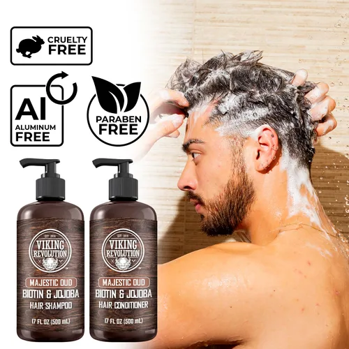 Vista 6 de Viking Revolution Majestic Oud - Juego de champú y acondicionador para hombre con biotina y aceite de jojoba, champú natural para el cabello