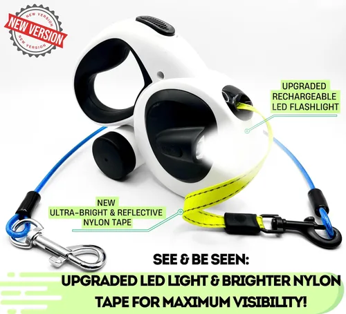Vista 2 de Snuggle Paws - Correa retráctil para perro de 16 pies, todo en uno, con linterna LED, soporte para bolsa de excrementos, cable de acero resistente a