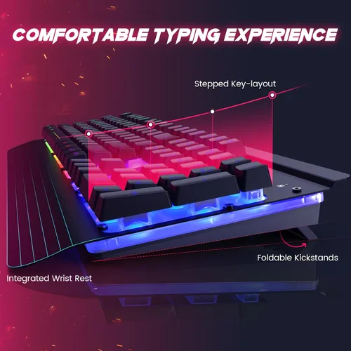 Vista 6 de Combo de teclado y mouse para juegos con cable, panel de metal de 104 teclas, teclado de computadora arcoíris con teclas multimedia, reposamuñecas