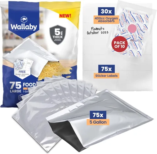 Vista 9 de Wallaby 30 bolsas de Mylar de 1 galón con absorbentes de oxígeno de 400 cc, bolsas de almacenamiento de alimentos a largo plazo de 10 mil de grosor