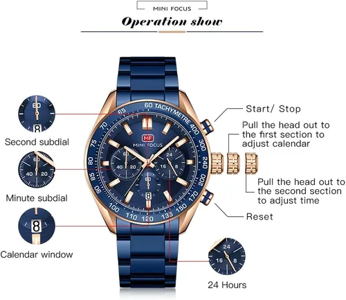 Vista 4 de Mens Watches Chronograph Analog Quartz Business Dress Stainless Steel Casual Blue Wrist Watch Date Waterproof Reloj De Hombre Luminous Multifunction