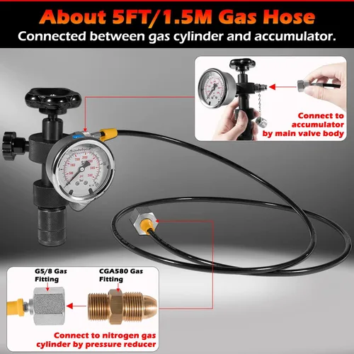 Vista 4 de Sistema de carga de nitrógeno del acumulador hidráulico GK-01 con 7 acoplamientos, 3 medidores de presión, 1 manguera de gas y 1 cuerpo de válvula
