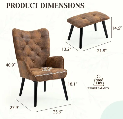 Vista 2 de ECOTOUGE Silla decorativa rústica con otomana, silla de respaldo de ala de microfibra alta con brazos, silla de lectura para sala de estar