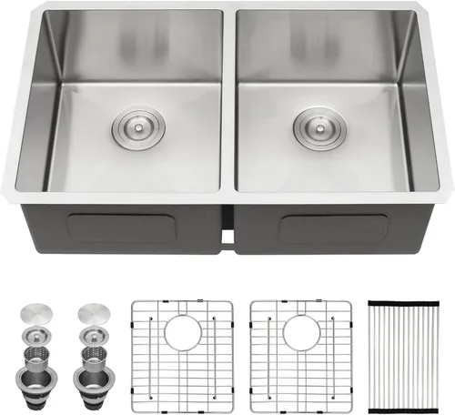 Vista 21 de Sarlai Fregadero de Cocina Dorado Bajo Encimera de 33 Pulgadas Doble Tazón 33 x 19 Pulgadas Bajo Dividido Dorado Estación de Trabajo Fregadero Doble