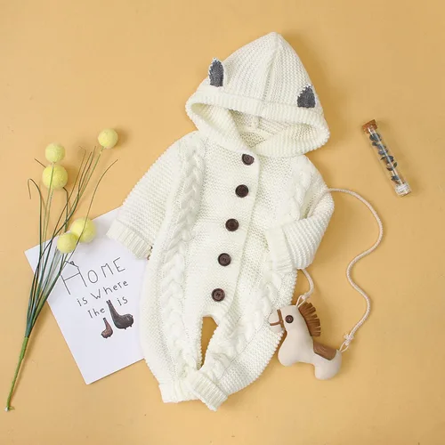Vista 2 de TBUIALL Conjunto de suéter de invierno para bebés, niños y niñas, para mantener el calor, de punto, con capucha, lindo oído