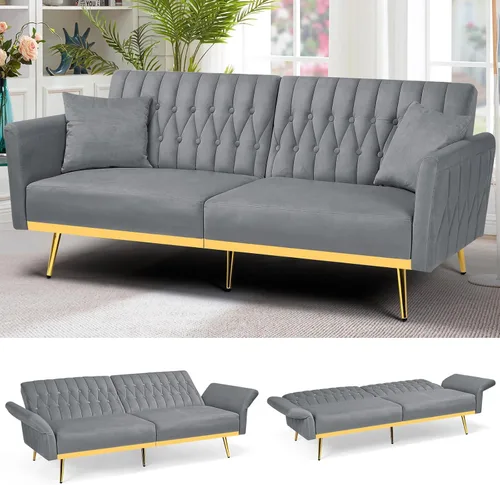 Vista 13 de Sofá cama futón de terciopelo de 70 pulgadas con reposabrazos ajustables, color azul bebé
