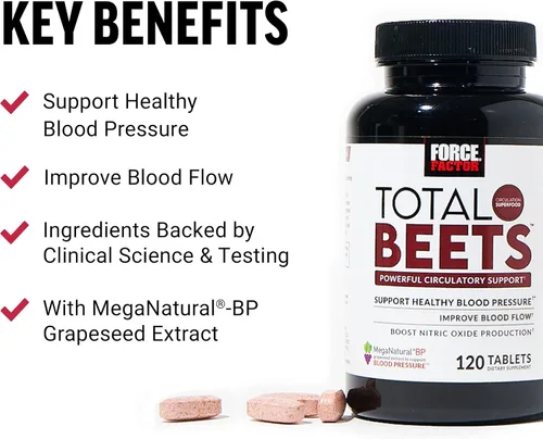 Vista 2 de Force Factor Total Beets Soporte de presión arterial con extracto de semilla de uva y polvo de raíz de remolacha sin OMG para la salud del corazón