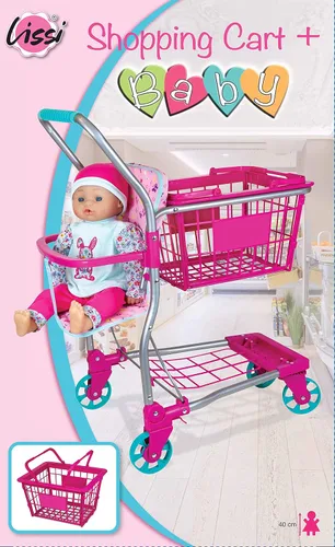 Vista 2 de Carrito de compras Lissi con muñeca bebé de 16 pulgadas y marco de metal